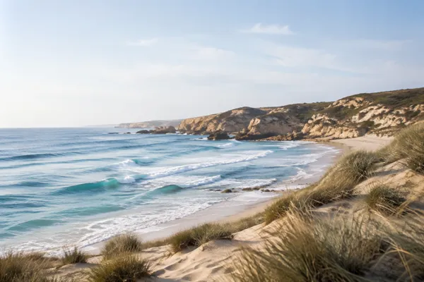 Surf breaking on a beach below dunes and grassy headlands