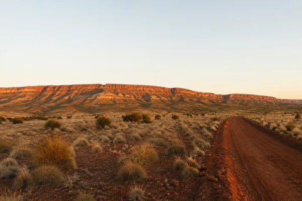 Red dirt track through spinifex towards a range